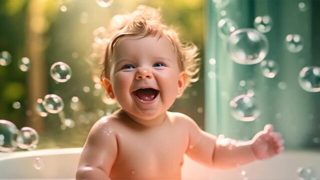 A baby happy bath time, against bathroom background,Child with soap bubbles, cute child taking a bath