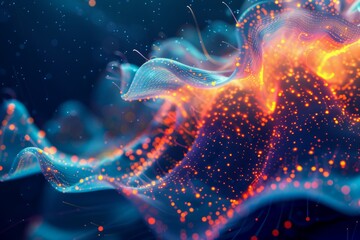 Abstract Digital Waves and Particles Flowing on a Dark Background, Dynamic Network Connections, Data Stream Visualization, High Tech Science Concept