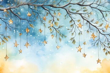 a watercolor painting of a tree with stars from it