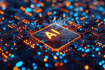 A computer motherboard with a state-of-the-art AI processor. AI generative.