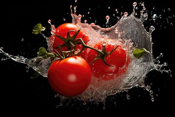 Tomato , Throw it into the water and spread it out , vegetable , black background.