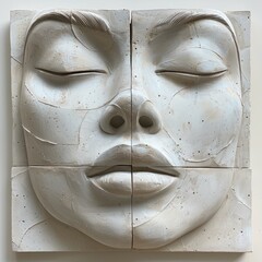 Plaster relief sculpture of a woman's face, portraying classical beauty with serene expressions and finely carved features