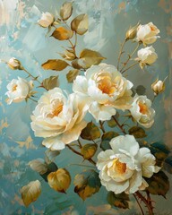 a dreamy floral fantasy with abstract oil-painted white roses embellished with golden and light blue details, creating a surreal and enchanting atmosphere