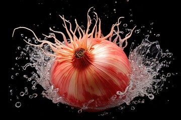 Onion , Throw it into the water and spread it out , vegetable , black background.