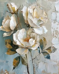 Illustration capturing the romantic allure of a rose garden with abstract oil-painted white roses, enhanced by golden and light blue embellishments that add a touch of whimsy and charm