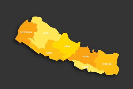 Nepal political map of administrative divisions - provinces. Yellow shade flat vector map with name labels and dropped shadow isolated on dark grey background.