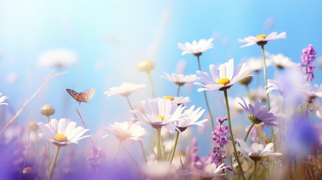 Beautiful wild flowers chamomile, purple wild peas, butterfly in morning haze in nature close-up macro. Landscape wide format, copy space, cool blue tones. Delightful pastoral airy artistic image.