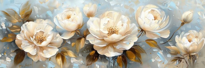 an abstract floral arrangement of white roses with intricate golden and light blue details, blending realism with abstraction to create a captivating and dreamlike scene