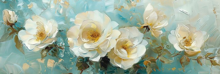 white roses adorned with light blue floral accents, delicately painted with oil brushstrokes to create a harmonious and ethereal composition