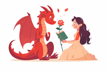 Illustration for Sant Jordi's Day in Catalonia. Tradition of giving roses and books, April 23rd. Day of the book and lovers. A princess gives a rose to the dragon. - obrazy, fototapety, plakaty