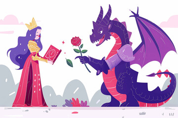Illustration for the Diada de Sant Jordi in Catalonia. Tradition of giving roses and books, April 23rd. Day of the book and lovers. A dragon gives a rose to the princess. - obrazy, fototapety, plakaty