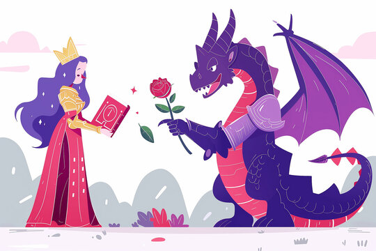 Illustration for the Diada de Sant Jordi in Catalonia. Tradition of giving roses and books, April 23rd. Day of the book and lovers. A dragon gives a rose to the princess.