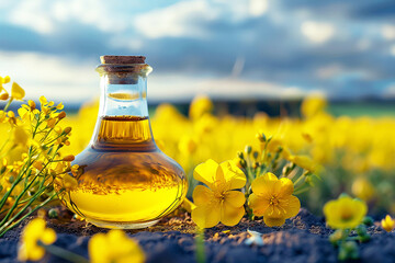 Rapeseed oil in a bottle and a field of flowering rapeseed in the background. AI generativ. - 763913326