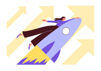 Business woman flying up with a rocket - 763913345