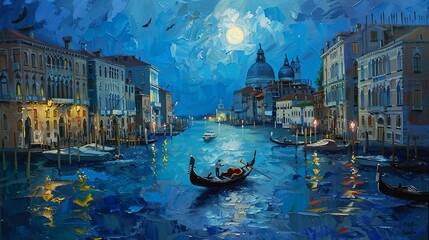 Painting of a night scene of Venice city