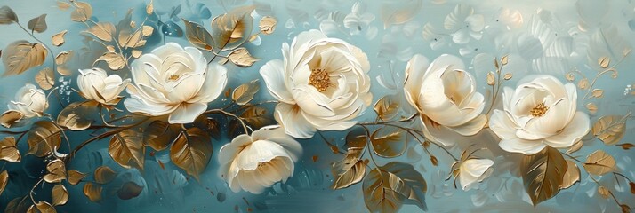 Abstract oil painting of white roses flowers with golden and light blue details