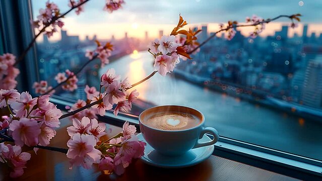 1 cup of coffee at the window with a spring cherry blossom cityscape of Tokyo. Seamless looping 4k time-lapse video animation background