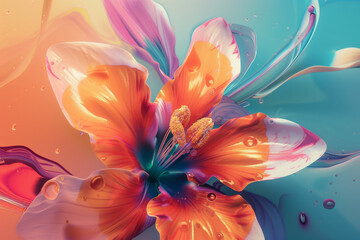 Vivid 3D render of fluid art with abstract flower design