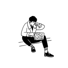 Man drinking coffee read Newspaper People lifestyle Hand drawn minimal Line art Illustration