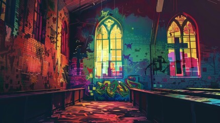 Graffiti Resurrection Churches: Reclaiming Sacred Spaces and conceptual metaphors of Reclaiming Sacred Spaces - obrazy, fototapety, plakaty
