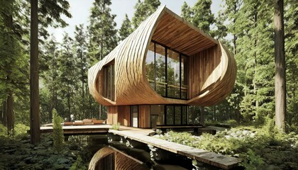 Maison organique en bois installée dans une forêt - obrazy, fototapety, plakaty