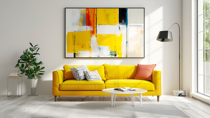 modern living room with yellow sofa and an abstract picture on the white wall