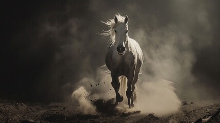 a white horse captured in full gallop as it kicks up a cloud of dust against a dark and moody background in a stunning display of power and grace