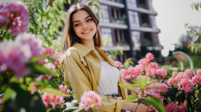 Photo of pretty cute cheerful girl dressed trendy clothes walking in botany garden blooming flowers spring time outdoors