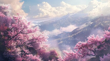 Fototapeta na wymiar Gorgeous pink blossoms atop Summer Mountain
