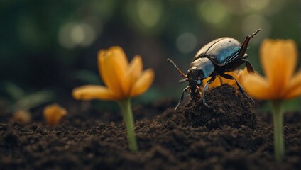 beetle on flower - obrazy, fototapety, plakaty