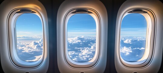 Panoramic horizon skyline canvas view through airplane window, breathtaking aerial perspective