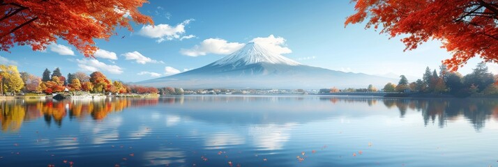 Mtfuji  tallest volcano in tokyo, japan, snow capped peak, autumn red trees nature landscape - obrazy, fototapety, plakaty