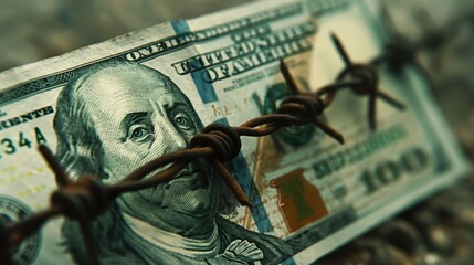 Dollar banknote with barbed wire economic crisis background. AI - obrazy, fototapety, plakaty
