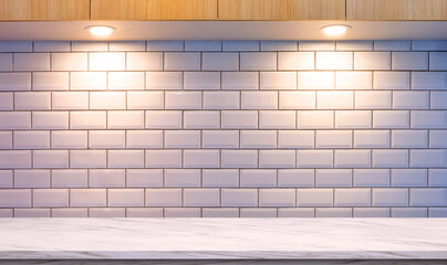 Empty white marble counter with illuminated led lamps lighting on white tile wall and wooden wall...
