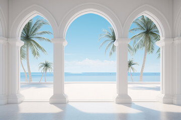 a white room with palm trees and a beach