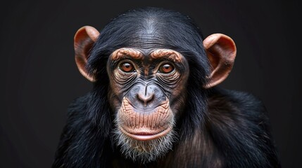 wildlife up close chimpanzee with a thoughtful expression on dark background - obrazy, fototapety, plakaty