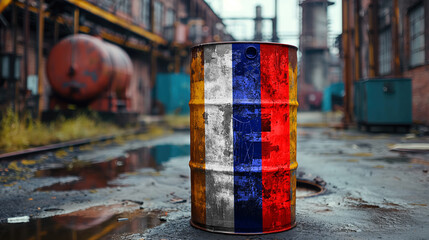 Russian oil, oil barrel background, Russia flag on barrel, sanctions on Russian oil. AI