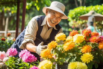 Smiling Asian man in hat tending to garden flowers in daylight