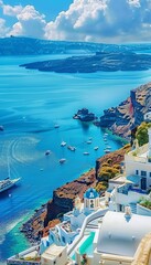Santorini greece daytime panorama  fira and oia towns with white houses, cliffs, and island backdrop