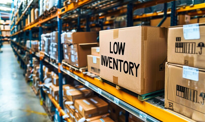 Cardboard box with LOW INVENTORY label on a warehouse shelf, indicating stock shortages and supply chain management issues in a distribution center - obrazy, fototapety, plakaty