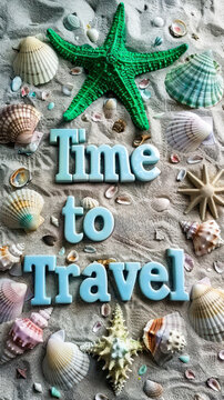 Seashells and starfish forming the words Time to Travel on sand, evoking a beach vacation concept and wanderlust for travel adventures Perfect imagery for promoting travel, cruise or resort advert