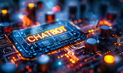 Fototapeta na wymiar Futuristic Digital Chatbot Technology Interface with Glowing Circuit Board - AI Customer Support Concept