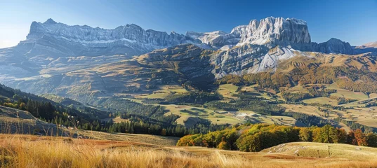 Zelfklevend Fotobehang Tranquil swiss alps  majestic mountain range and lush valleys in serene countryside © Ilja