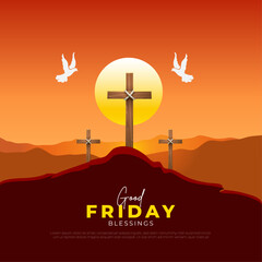 Good Friday Post and Greetings of the Holy Week. Happy Good Friday Social Media Post with Christian Cross and Text