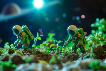 Toy Astronauts Among Green Plant On The Moon, Moon Discovery, New Civilization Colony, Planetary Migration Concept Illustration - obrazy, fototapety, plakaty