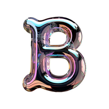 3d glossy holographic letter B. glass or liquid metal in neon rainbow colors. render in inflated balloon bubble shape. isolated