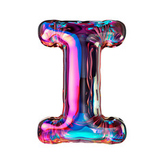 3d glossy holographic letter I. glass or liquid metal in neon rainbow colors. render in inflated balloon bubble shape. isolated