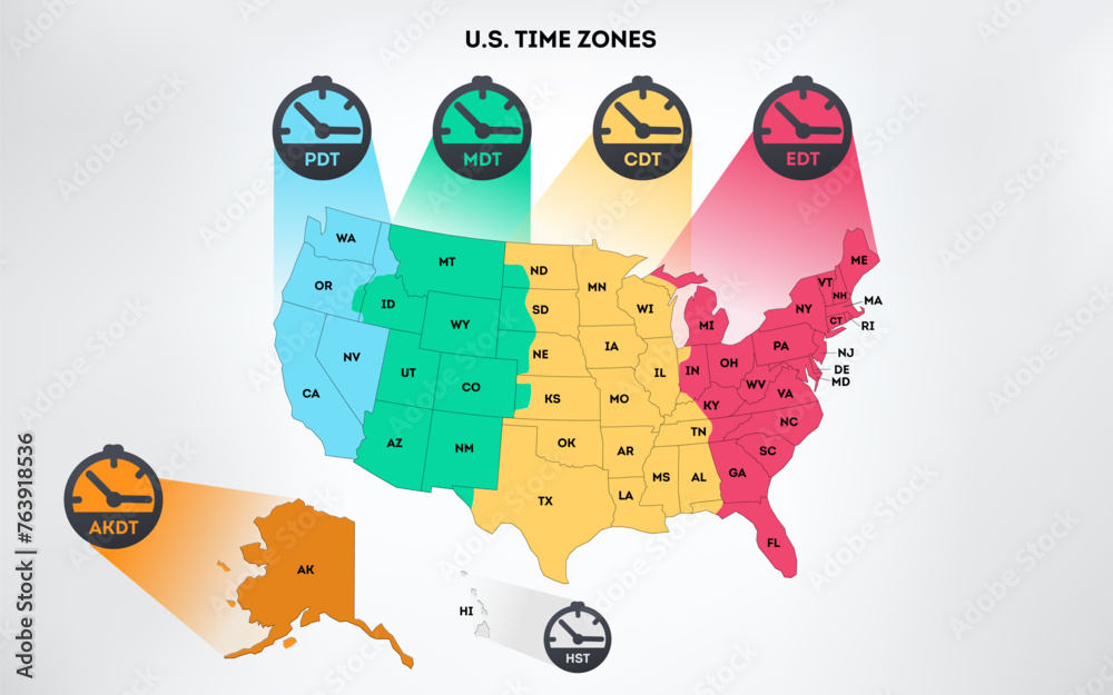 Wall mural usa time zones infographic map. colorful united states of america geography time zones. stock vector