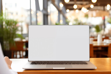 Laptop, notebook with empty, blank screen on table. Cafe interior background