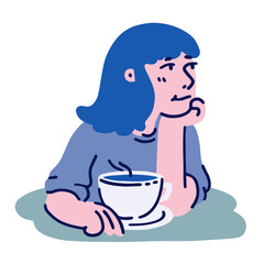 Vector flat illustration of blue girl. Woman sitting in cafe, enyoing her drink at the table. Cute cartoon character design. 